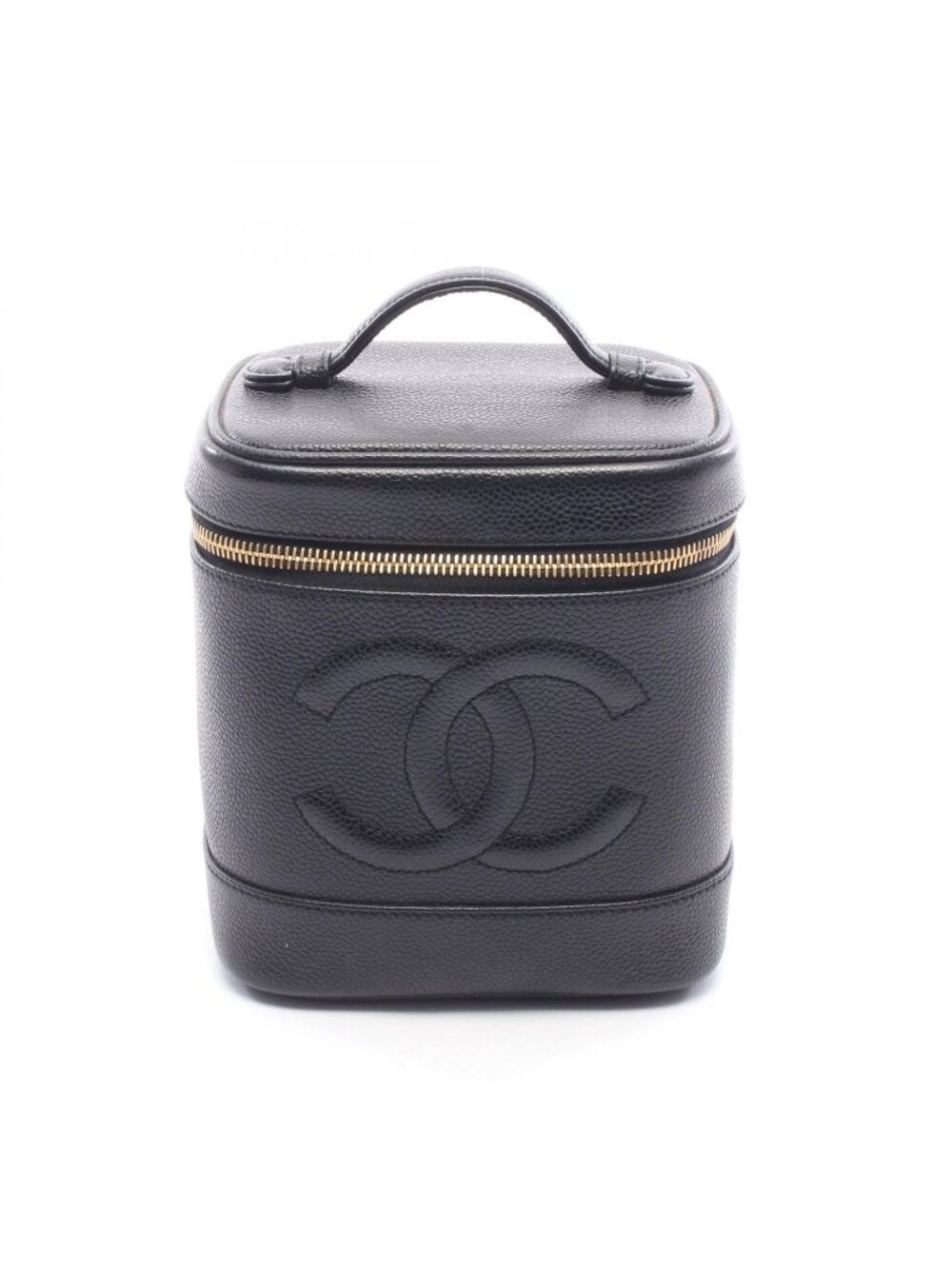 Chanel Handbag CC Logo Black Caviar Leather Quilted Vertical Vanity Bag